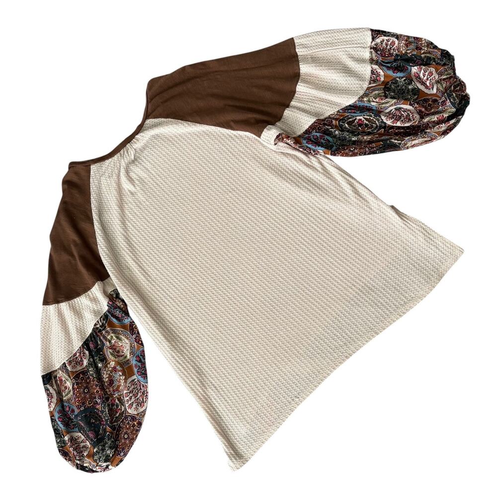 UMGEE Boho Waffle Knit Top M Oversized Lagenlook Balloon Sleeve Floral Patchwork - Picture 8 of 9